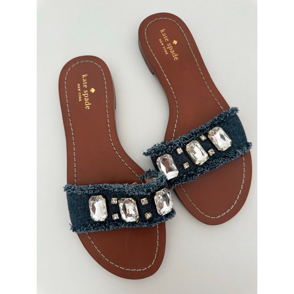 Kate Spade New York Chance Denim Crystal Embellished Slide Sandals - Size 10